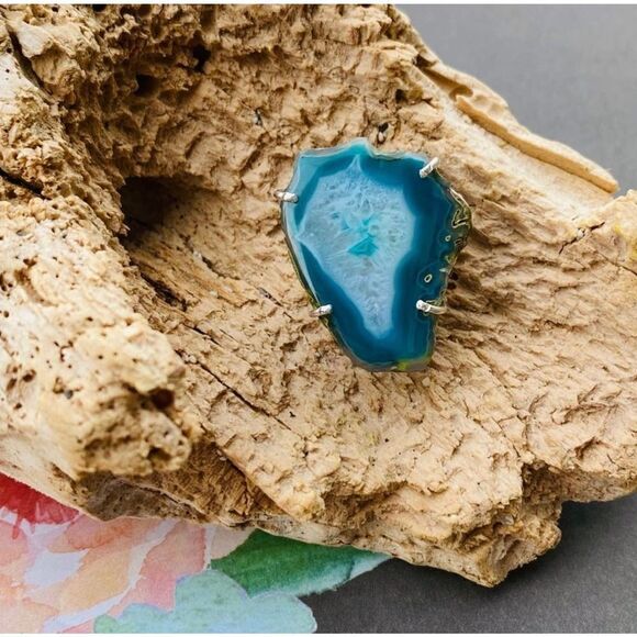 Marine Blue Agate Geode Sterling Silver Ring Size 6 - Picture 12 of 12